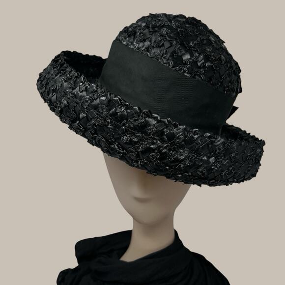 Vintage Black Wide Brim Cocktail Hat Audrey Hepburn Old Hollywood Union Made main image 6